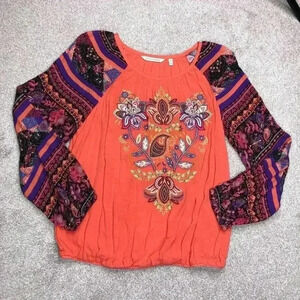 Soft Surroundings Top Embroidered Long Sleeves Lined Elastic Salmon Orange Sz M